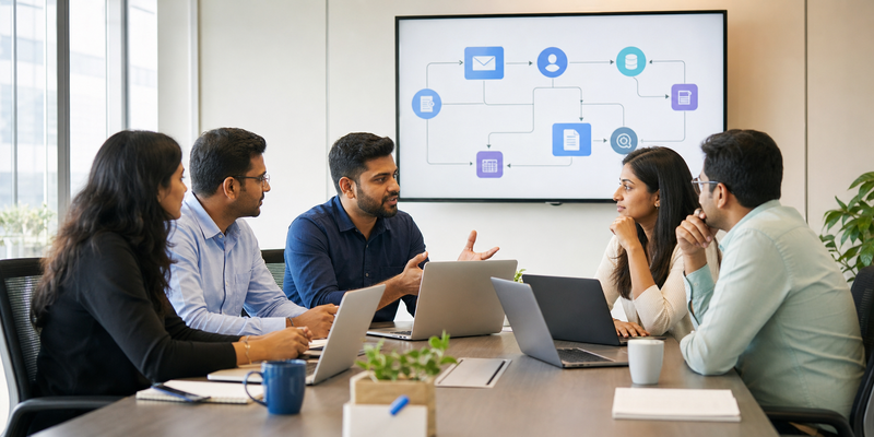 Team at Seven Web Tech planning an AI agent workflow for a client in India