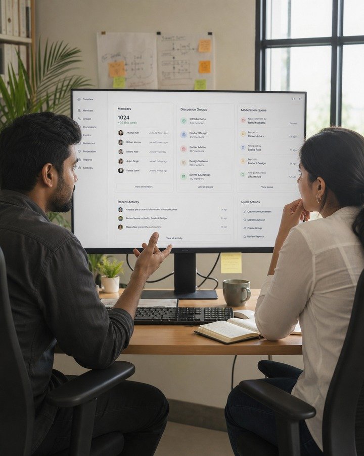 Community platform admin panel showing member management and discussion groups