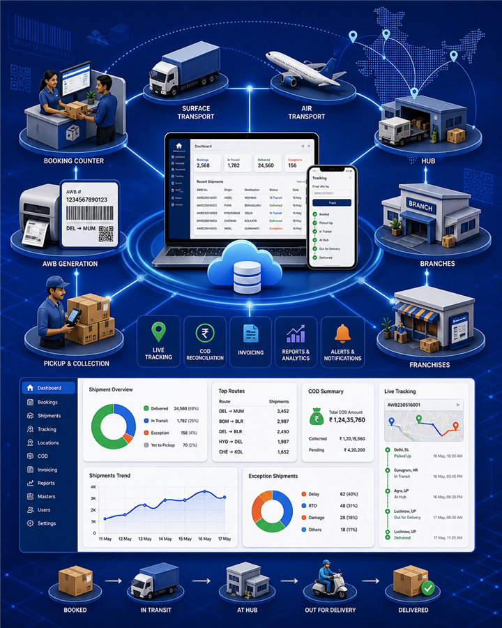 Courier software network workflow infographic