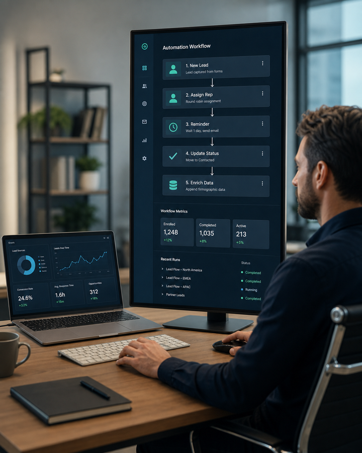 Seven Web Tech developer configuring CRM automation rules for lead assignment and follow-ups