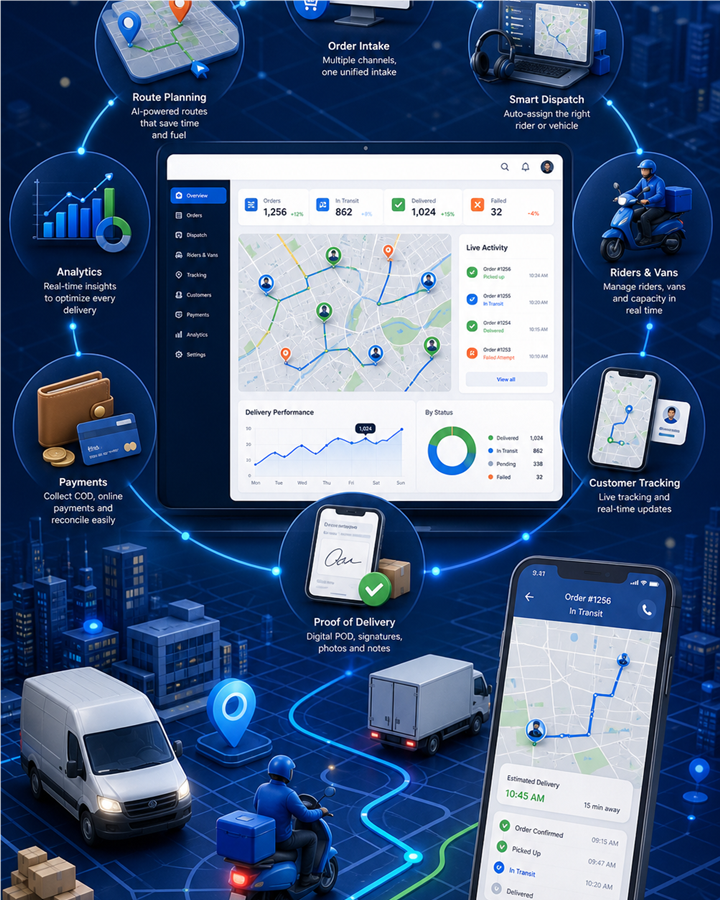 Delivery management software workflow infographic