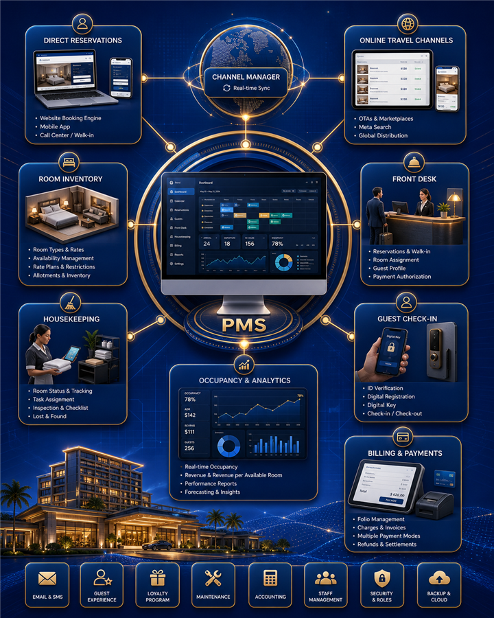 Hotel management system workflow infographic